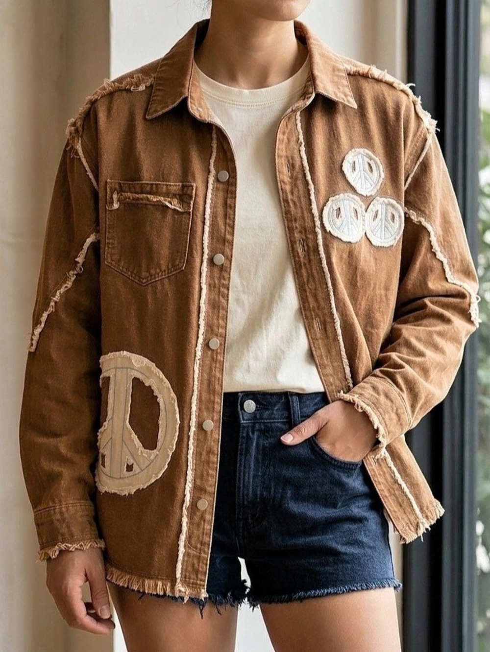 POL Distressed Graphic Denim Jacket in Brown Large NWT